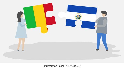 Couple holding two puzzles pieces with Malian and Salvadoran flags. Mali and El Salvador national symbols together.