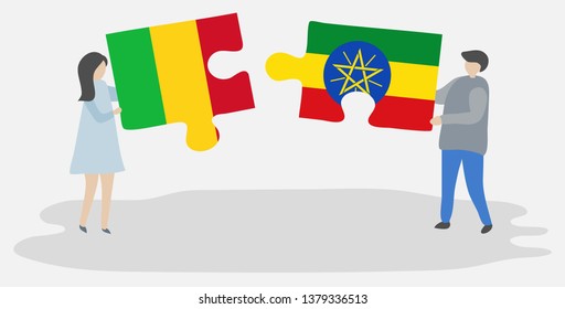 Couple holding two puzzles pieces with Malian and Ethiopian flags. Mali and Ethiopia national symbols together.
