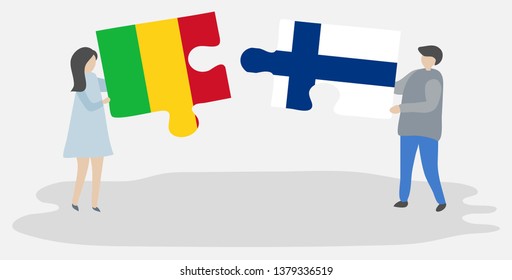 Couple holding two puzzles pieces with Malian and Finnish flags. Mali and Finland national symbols together.