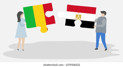 Couple holding two puzzles pieces with Malian and Egyptian flags. Mali and Egypt national symbols together.
