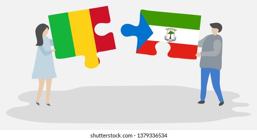 Couple holding two puzzles pieces with Malian and Equatorial Guinean flags. Mali and Equatorial Guinea national symbols together.