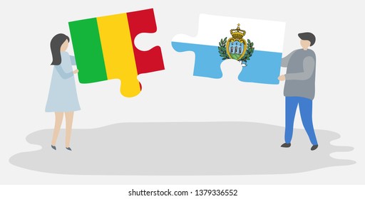 Couple holding two puzzles pieces with Malian and Sammarinese flags. Mali and San Marino national symbols together.