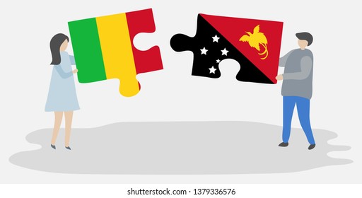 Couple holding two puzzles pieces with Malian and Papuan flags. Mali and Papua New Guinea national symbols together.