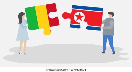 Couple holding two puzzles pieces with Malian and North Korean flags. Mali and North Korea national symbols together.