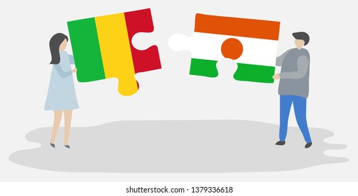 Couple holding two puzzles pieces with Malian and Nigerien flags. Mali and Niger national symbols together.
