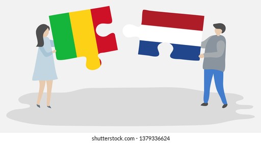 Couple holding two puzzles pieces with Malian and Dutch flags. Mali and Netherlands national symbols together.
