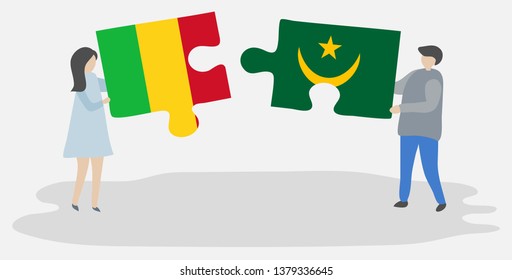 Couple holding two puzzles pieces with Malian and Mauritanian flags. Mali and Mauritania national symbols together.