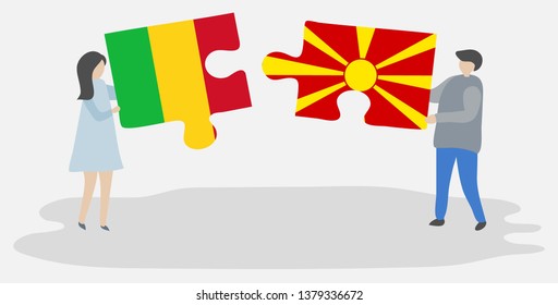 Couple holding two puzzles pieces with Malian and Macedonian flags. Mali and Macedonia national symbols together.