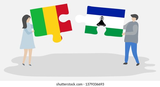 Couple holding two puzzles pieces with Malian and Basotho flags. Mali and Lesotho national symbols together.