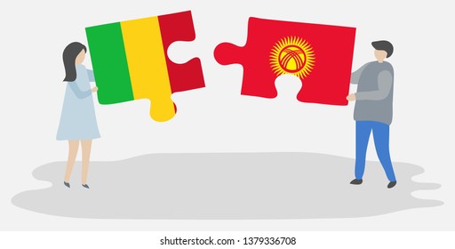 Couple holding two puzzles pieces with Malian and Kirgiz flags. Mali and Kyrgyzstan national symbols together.