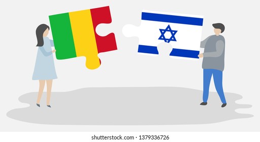 Couple holding two puzzles pieces with Malian and Israeli flags. Mali and Israel national symbols together.