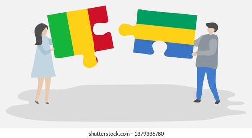 Couple holding two puzzles pieces with Malian and Gabonese flags. Mali and Gabon national symbols together.