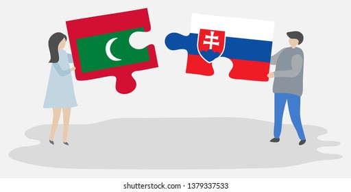 Couple holding two puzzles pieces with Maldivian and Slovak flags. Maldives and Slovakia national symbols together.