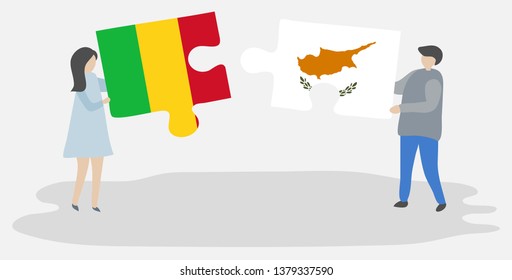 Couple holding two puzzles pieces with Malian and Cypriot flags. Mali and Cyprus national symbols together.
