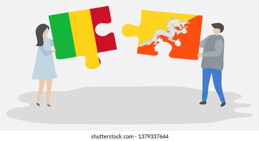 Couple holding two puzzles pieces with Malian and Bhutanese flags. Mali and Bhutan national symbols together.