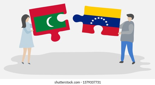 Couple holding two puzzles pieces with Maldivian and Venezuelan flags. Maldives and Venezuela national symbols together.