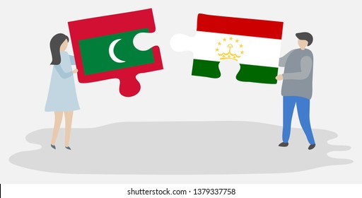 Couple holding two puzzles pieces with Maldivian and Tajikistani flags. Maldives and Tajikistan national symbols together.