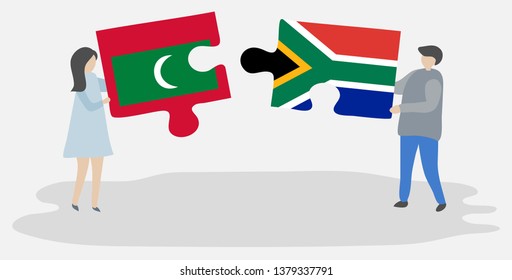 Couple holding two puzzles pieces with Maldivian and South African flags. Maldives and South Africa national symbols together.