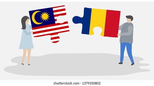 Couple holding two puzzles pieces with Malaysian and Romanian flags. Malaysia and Romania national symbols together.