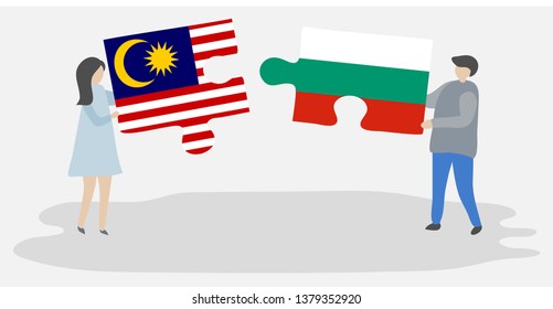 Couple holding two puzzles pieces with Malaysian and Bulgarian flags. Malaysia and Bulgaria national symbols together.