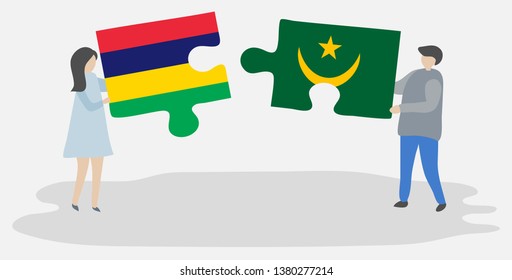Couple holding two puzzles pieces with Mauritian and Mauritanian flags. Mauritius and Mauritania national symbols together.