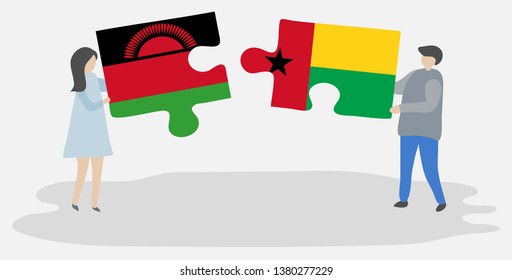 Couple holding two puzzles pieces with Malawian and Bissau-Guinean flags. Malawi and Guinea-Bissau national symbols together.