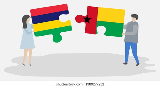 Couple holding two puzzles pieces with Mauritian and Bissau-Guinean flags. Mauritius and Guinea-Bissau national symbols together.