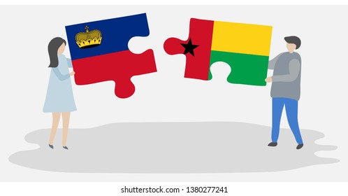 Couple holding two puzzles pieces with Liechtenstein and Bissau-Guinean flags. Liechtenstein and Guinea-Bissau national symbols together.