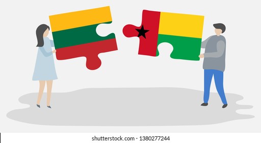 Couple holding two puzzles pieces with Lithuanian and Bissau-Guinean flags. Lithuania and Guinea-Bissau national symbols together.