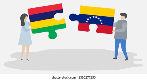 Couple holding two puzzles pieces with Mauritian and Venezuelan flags. Mauritius and Venezuela national symbols together.