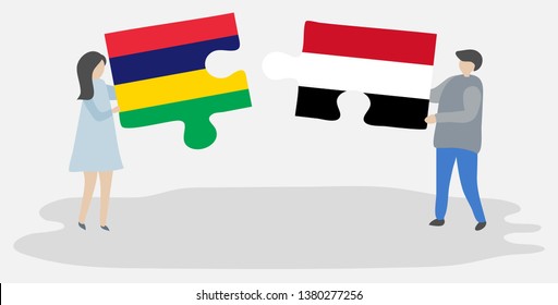 Couple holding two puzzles pieces with Mauritian and Yemeni flags. Mauritius and Yemen national symbols together.