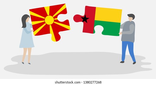 Couple holding two puzzles pieces with Macedonian and Bissau-Guinean flags. Macedonia and Guinea-Bissau national symbols together.