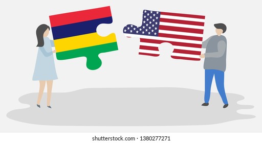 Couple holding two puzzles pieces with Mauritian and American flags. Mauritius and United States of America national symbols together.