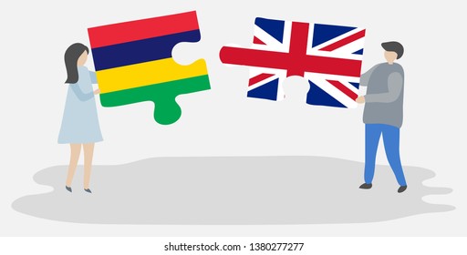 Couple holding two puzzles pieces with Mauritian and British flags. Mauritius and United Kingdom national symbols together.