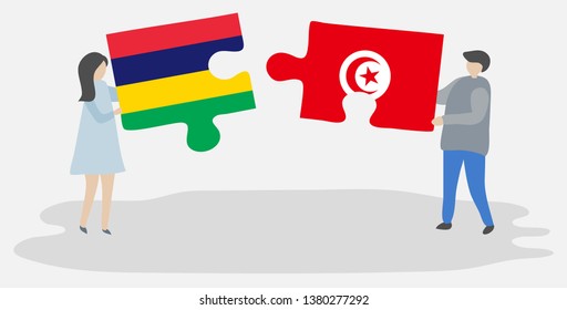 Couple holding two puzzles pieces with Mauritian and Tunisian flags. Mauritius and Tunisia national symbols together.