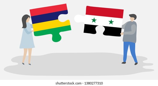 Couple holding two puzzles pieces with Mauritian and Syrian flags. Mauritius and Syria national symbols together.