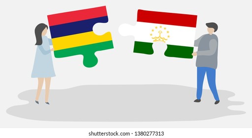 Couple holding two puzzles pieces with Mauritian and Tajikistani flags. Mauritius and Tajikistan national symbols together.