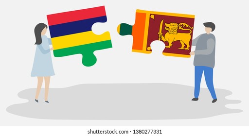 Couple holding two puzzles pieces with Mauritian and Sri Lankan flags. Mauritius and Sri Lanka national symbols together.