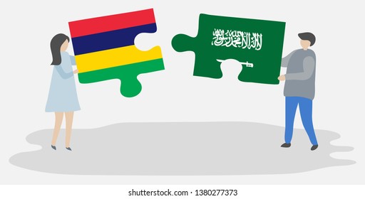 Couple holding two puzzles pieces with Mauritian and Saudi Arabian flags. Mauritius and Saudi Arabia national symbols together.