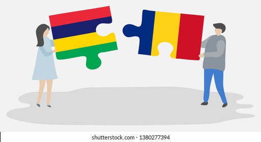 Couple holding two puzzles pieces with Mauritian and Romanian flags. Mauritius and Romania national symbols together.