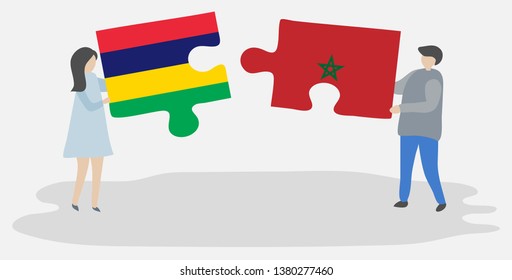 Couple holding two puzzles pieces with Mauritian and Moroccan flags. Mauritius and Morocco national symbols together.