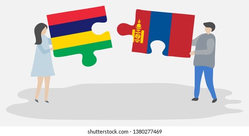 Couple holding two puzzles pieces with Mauritian and Mongolian flags. Mauritius and Mongolia national symbols together.