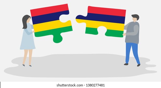 Couple holding two puzzles pieces with Mauritian and Mauritian flags. Mauritius and Mauritius national symbols together.