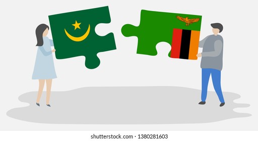 Couple holding two puzzles pieces with Mauritanian and Zambian flags. Mauritania and Zambia national symbols together.