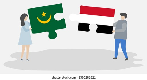 Couple holding two puzzles pieces with Mauritanian and Yemeni flags. Mauritania and Yemen national symbols together.
