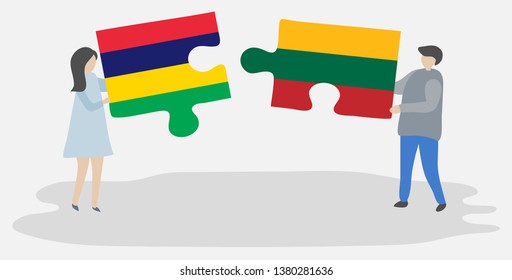 Couple holding two puzzles pieces with Mauritian and Lithuanian flags. Mauritius and Lithuania national symbols together.