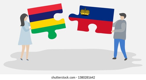 Couple holding two puzzles pieces with Mauritian and Liechtenstein flags. Mauritius and Liechtenstein national symbols together.