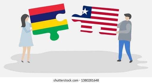 Couple holding two puzzles pieces with Mauritian and Liberian flags. Mauritius and Liberia national symbols together.