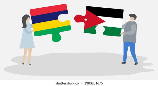 Couple holding two puzzles pieces with Mauritian and Jordanian flags. Mauritius and Jordan national symbols together.