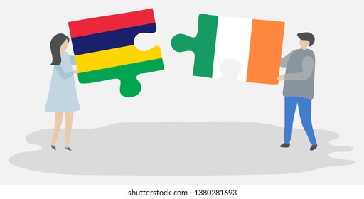 Couple holding two puzzles pieces with Mauritian and Irish flags. Mauritius and Ireland national symbols together.